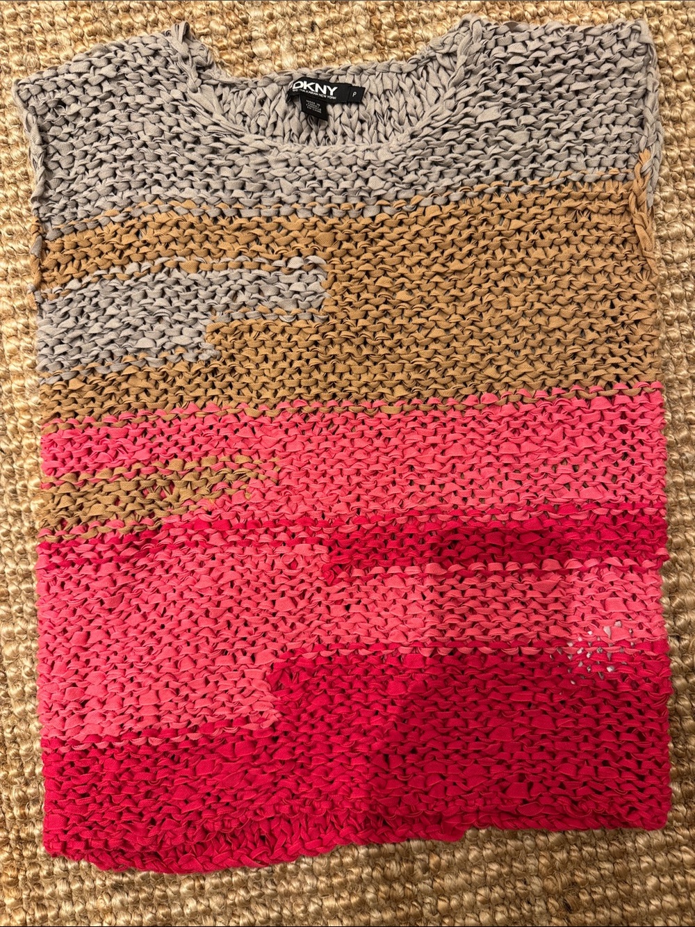 DKNY Colorblock Crewneck Sweater in Gray, Tan, Pink & Red